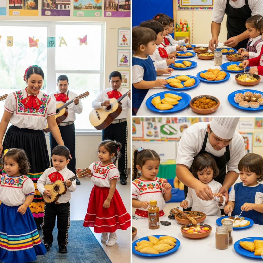 Niños aprendiendo a cocinar y bailar